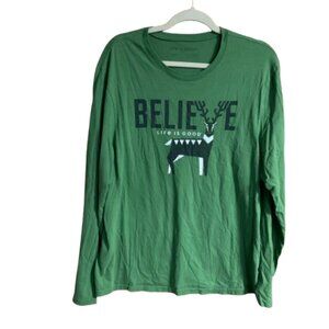 Life is Good Men's Long Sleeve Green Large Believe Reindeer Graphic T-Shirt GUC